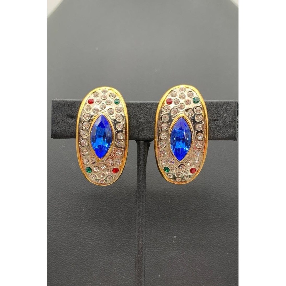 Vintage Gold Tone And Clear And Colorful Rhinestone Curved Clip On Earrings